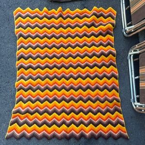 Vintage Handmade Wool Throw Blanket Retro 70s Chevron Stripe Orange Brown 44x32